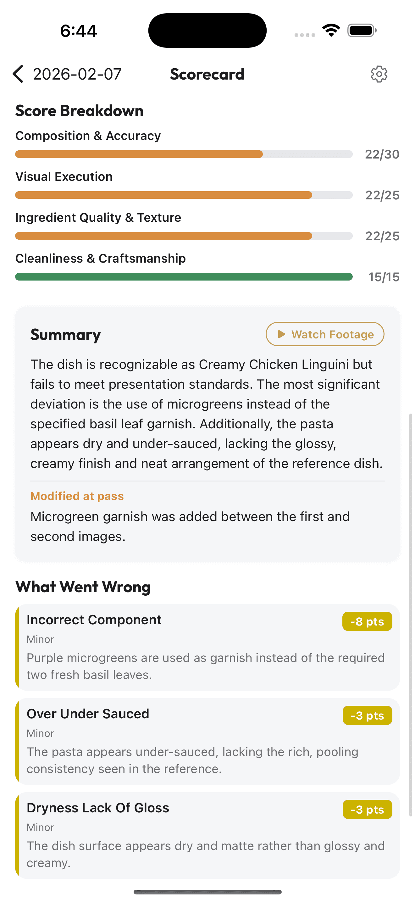 Scorecard detail showing AI summary, what went wrong, and deviation points