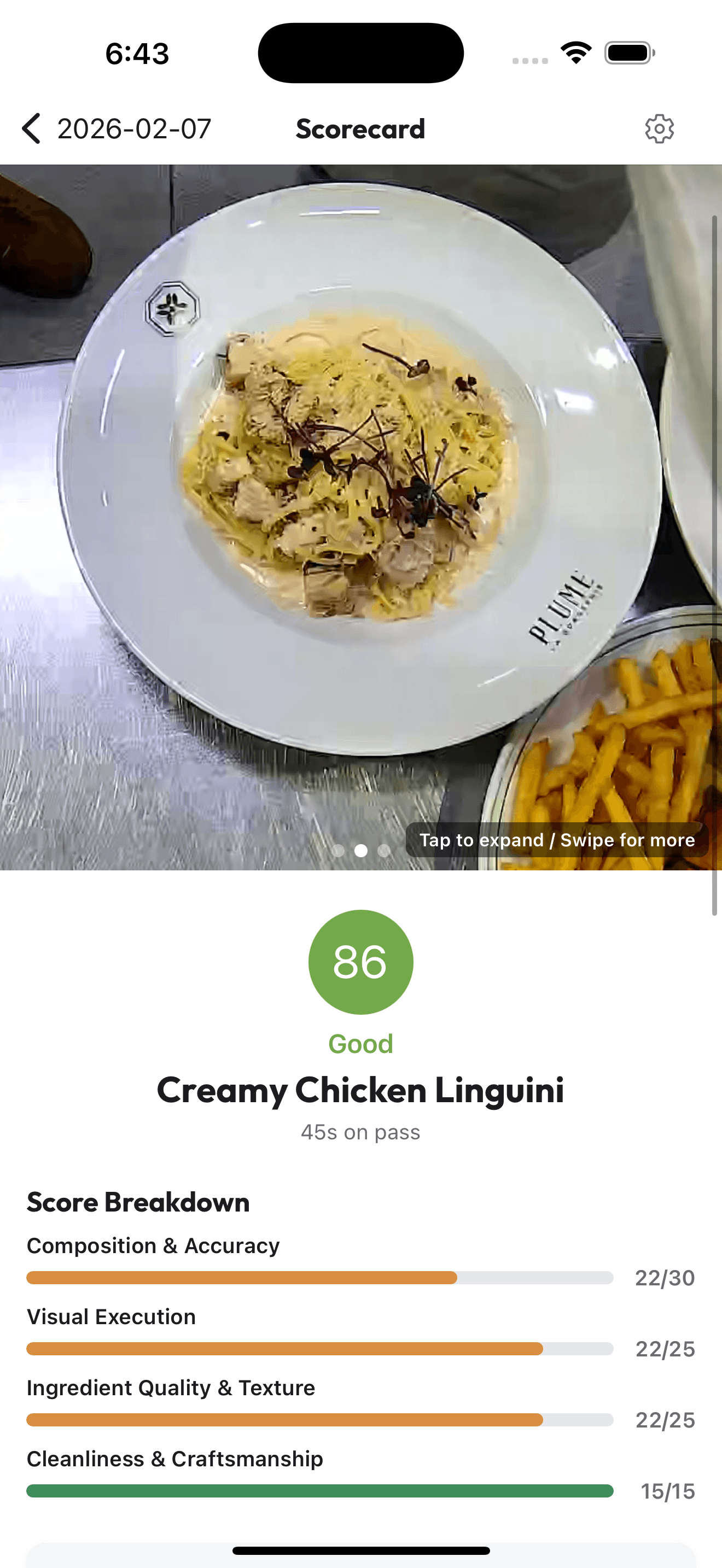 KitchenEye scorecard showing Creamy Chicken Linguini with score breakdown