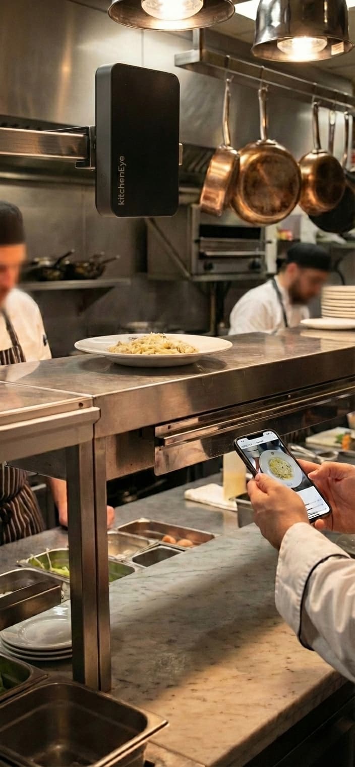 KitchenEye camera mounted above the pass in a professional kitchen, with the app showing a scored plate on a phone